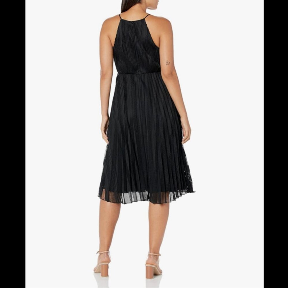 Theory Pleated Lace Midi Dress Size 4 Mod Black High Neck Halter Keyhole - Picture 14 of 14